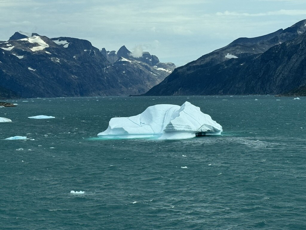 A large iceberg drifting in a fjord ringed by dark mountains.