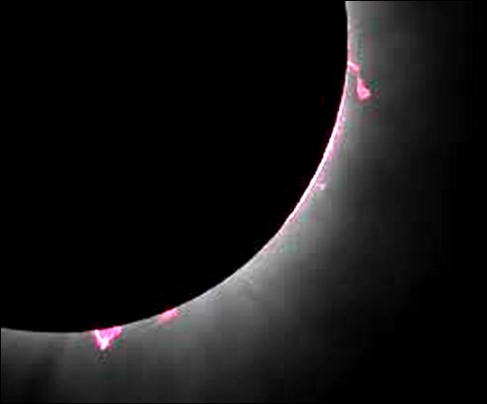 Close-up of pink solar prominences visible along the edge of the Moon during totality of a total solar eclipse.