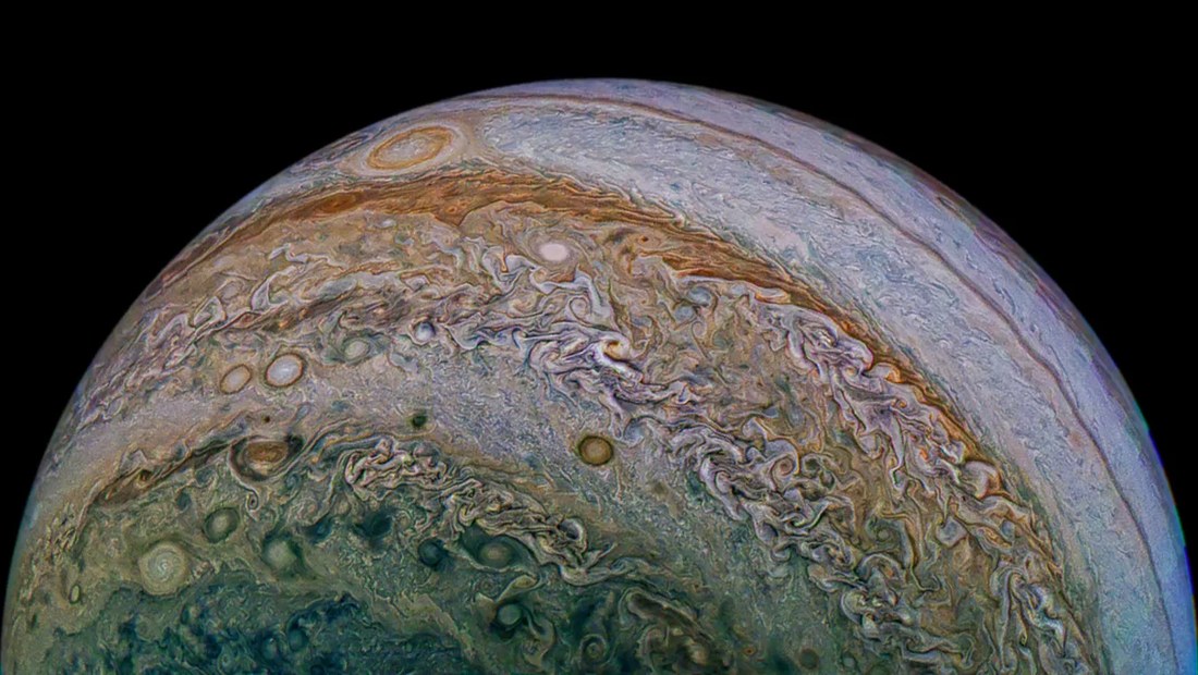Close-up view of Jupiter's swirling cloud bands.