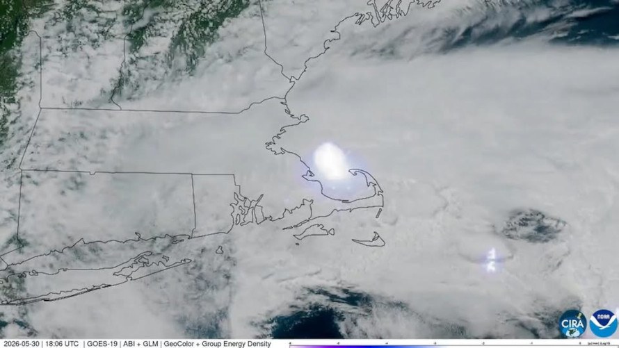 Satellite weather image showing a bright fireball flash detected over Cape Cod Bay.